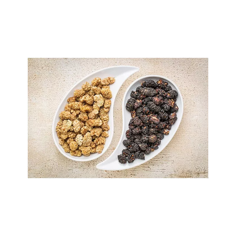 Mulberries noires & blanches séchées bio & équitables d'Ouzbékistan Mulberries noires & blanches séchées bio & équitables d'Ouzbékistan