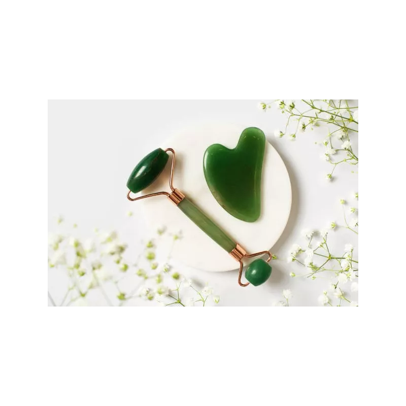 Rouleau de beauté & Gua sha en jade pur pour le visage - Fait main