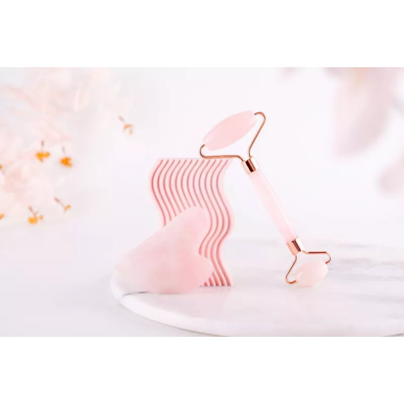 Gua sha & rouleau de beauté en quartz rose pur pour le visage - Fai...