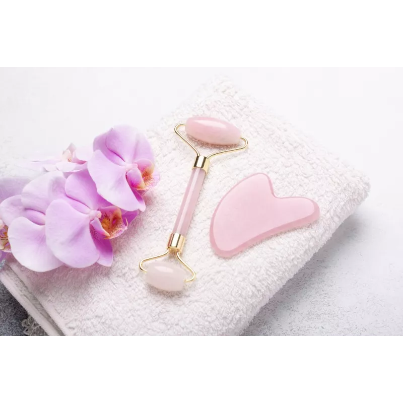 Gua sha & rouleau de beauté en quartz rose pur pour le visage - Fai...