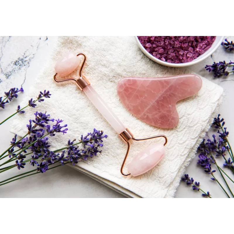 Gua sha & rouleau de beauté en quartz rose pur pour le visage - Fai...