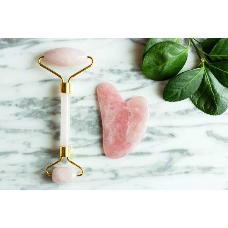 Gua sha & rouleau de beauté en quartz rose pur pour le visage - Fai...
