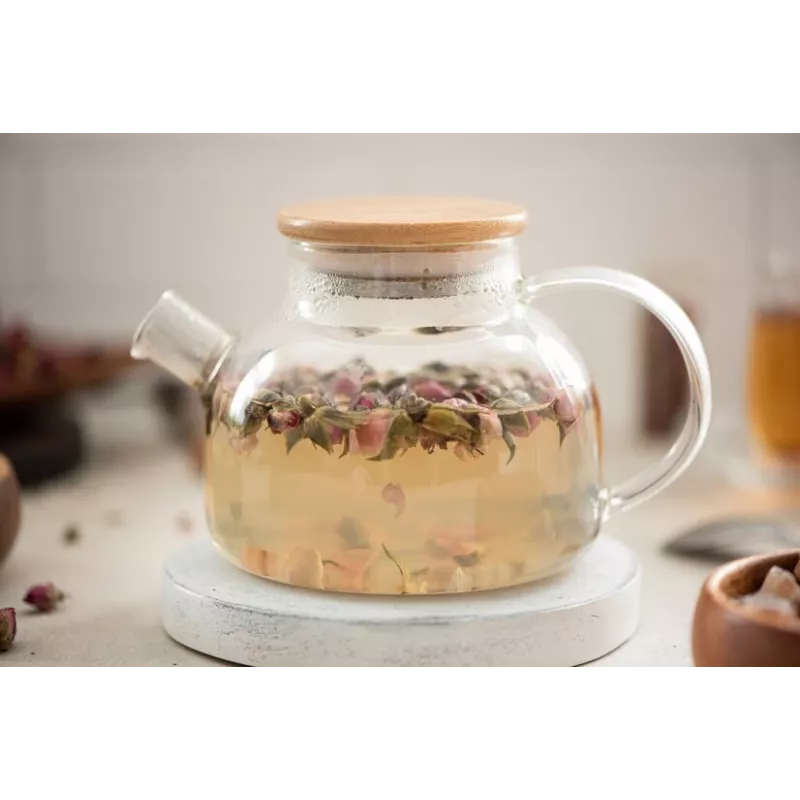 Théière en verre borosilicate & Bambou avec infuseur et filtre Théière en verre borosilicate & Bambou avec infuseur et filtre