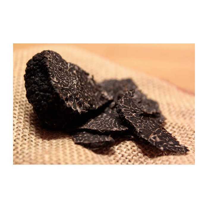 Slices of dried black winter truffle or brumale from Provence